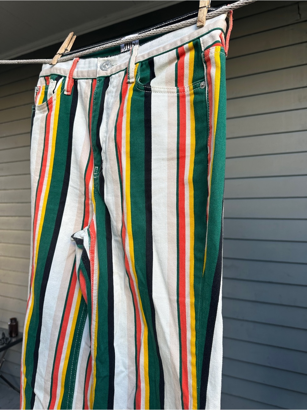 BDG Women's Green, White, Yellow & Red Striped Flared Jeans